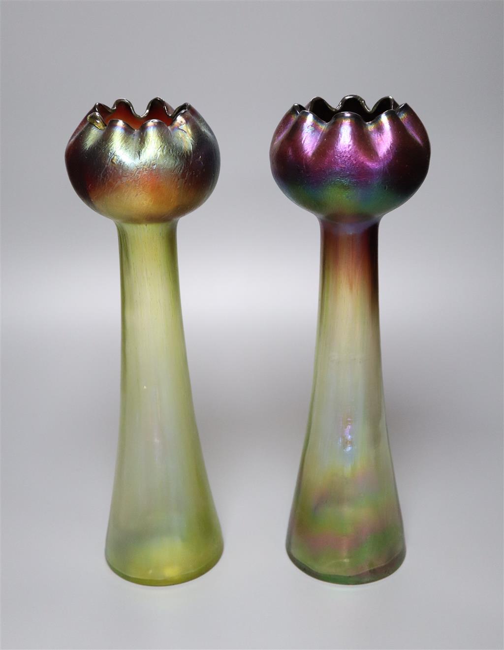 A pair of Rindskopf Pepita glass hyacinth vases, 34cm